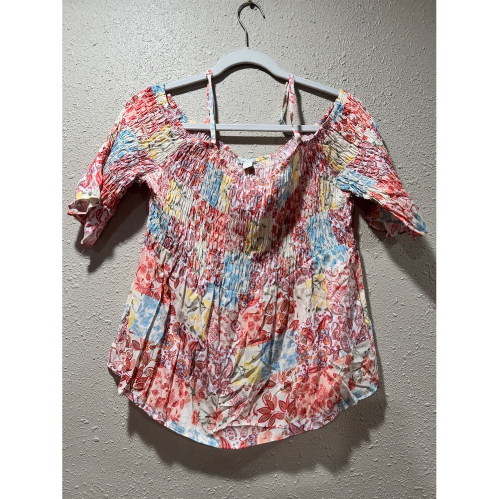 Cato Womens Floral Paisley‎ Patchwork Smocked Cold Shoulder Boho Top Red Blue L